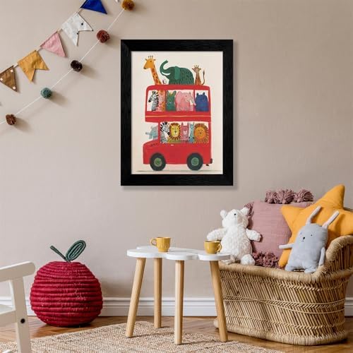 Black Framed Cute Colorful Animal Canvas Wall Art Modern Funny Kids Posters Safari Animals On Red Bus Scene Prints For Toddler Bedroom Nursery Wall Decor 24x36 inch
