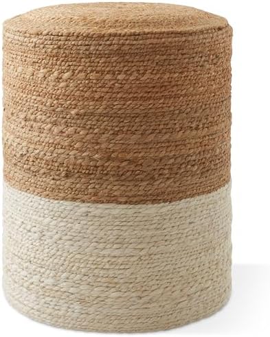 Casafield Hand-Braided Jute Pouf Ottoman Footrest, 14" W x 14" D x 16" H - Round, Natural Boho Home Decor, Woven Accent Footstool for Living Room