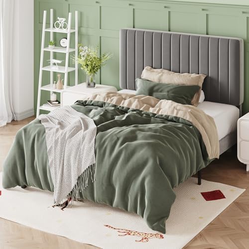 Allewie Twin Bed Frame, Velvet Upholstered Platform Bed with Adjustable Vertical Channel Tufted Headboard, Mattress Foundation with Strong Wooden Slats, Box Spring Optional, Easy Assembly, Grey