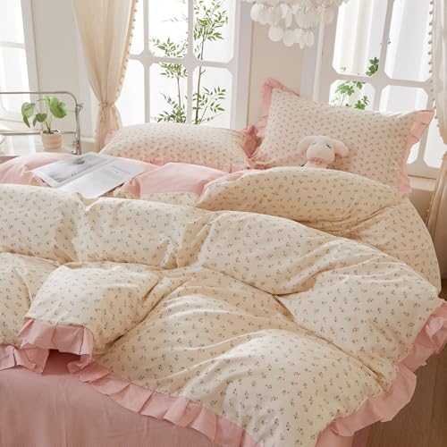 Romantic Pink Floral Duvet Cover Set Full, 100% Cotton Ruffle Lace Bedding Set, Coquette Botanical Flower Comforter Cover with 2 Pillowcases, Soft Aesthetic Princess Bedding for Women Teen Girls