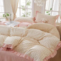 Romantic Pink Floral Duvet Cover Set Full, 100% Cotton Ruffle Lace Bedding Set, Coquette Botanical Flower Comforter Cover with 2 Pillowcases, Soft Aesthetic Princess Bedding for Women Teen Girls