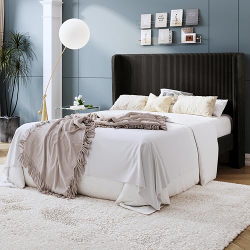 SHA CERLIN Full Corduroy Platform Bed with Tufted Wingback Headboard, Black