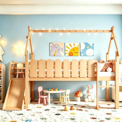 Bellemave Low Loft Bed Twin with Slide and Lights Strip for Kids, Natural