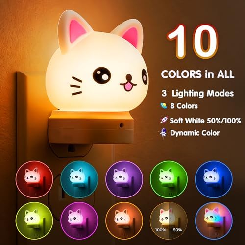 L LOHAS LED Plug in Night Light for Kids, 2-Pack 3D Cute Cat Night Lights