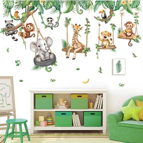 decalmile Jungle Animal on Swings Safari Animal Wall Decals Stickers
