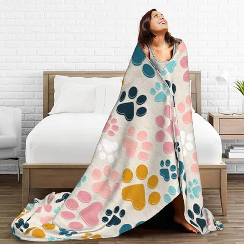 Colorful Dog Animals Paws Fleece Throw Blanket Ultra Soft Cozy Pet Animal Lover Gift Decorative Flannel Blanket for Home Bed Couch Chair Travel 50x40in