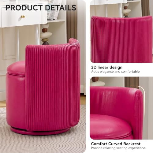 Faux Leather Vanity Chair with Storage,360° Swivel Makeup Chair,Fuchsi Pink