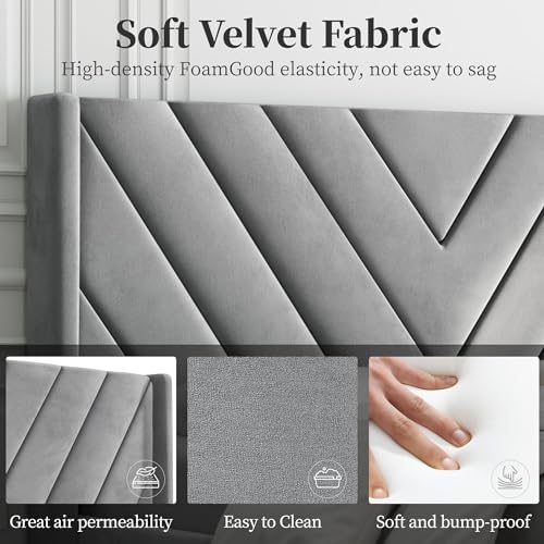 Yaheetech Full Bed Frame with Chevron Channel-Tufted Headboard, Light Gray