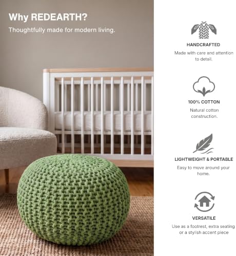 · REDEARTH · Round Pouf Ottoman - Hand Knitted Boho Poof Footrest - Kiwi