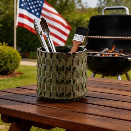 Utensil Crock Kitchen Utensil Holder, 5 Inches Small Ceramic Utensil Holder for Countertop, Unique Embossed Checkered Pattern, Cooking Utensil Crocks for Kitchen, Home Decor Gift (Sage Bronze)