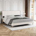 King Size Bed Frame with Velvet Upholstered Headboard, Beige