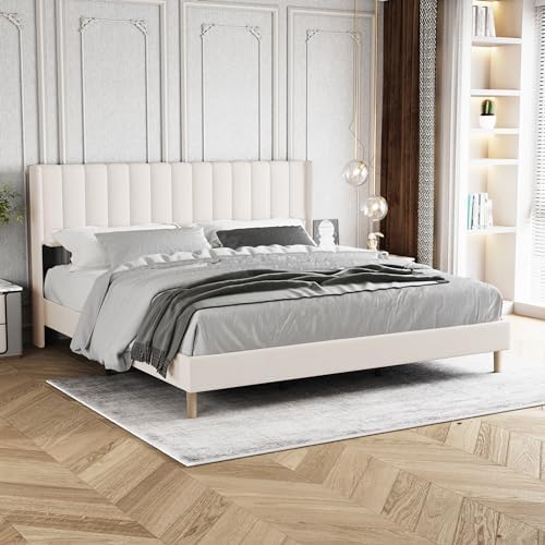 King Size Bed Frame with Velvet Upholstered Headboard, Beige