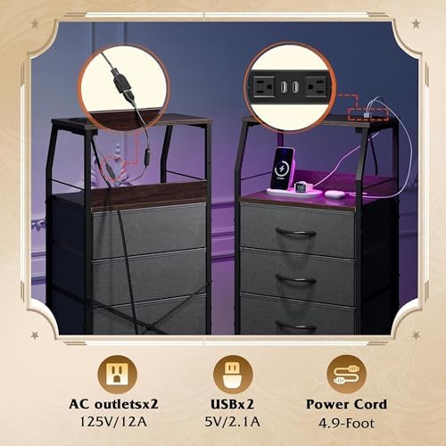 WLIVE Nightstand with Charging Station, Night Stand with LED Light, Tall 4 Drawer Dresser for Bedroom, 37" H Bedside Table with Fabric Storage Bins, Open Wood Shelf, Metal Frame, Dark Grey