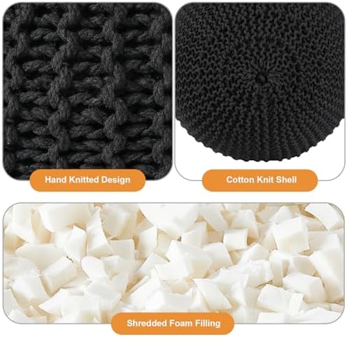 Pouf Ottoman Stuffed Round Modern Foam Filled Foot Rest Poufs for Living Room Chair Decorative 20 X 14 Inches Boho Relax Stool for Wedding Christmas Party, (Black, 20 Inch)
