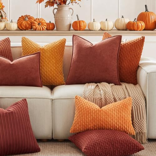 Kevin Textile Soft Corduroy 22x22 Inch Pillow Covers 2 Pack, Burnt Brick