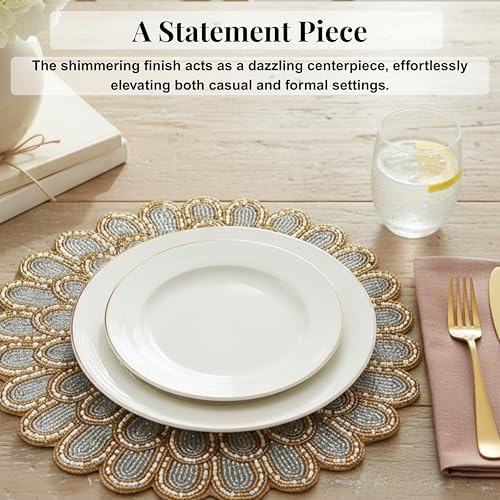 ALPHA Living HOME Beaded Placemats 13 Inch Ivory Gold Round Table Chargers