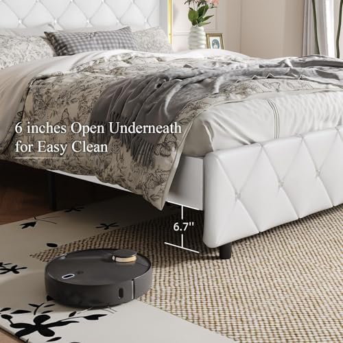 HOMBCK King Bed Frame with Leather Headboard, Goldside Wingback, White