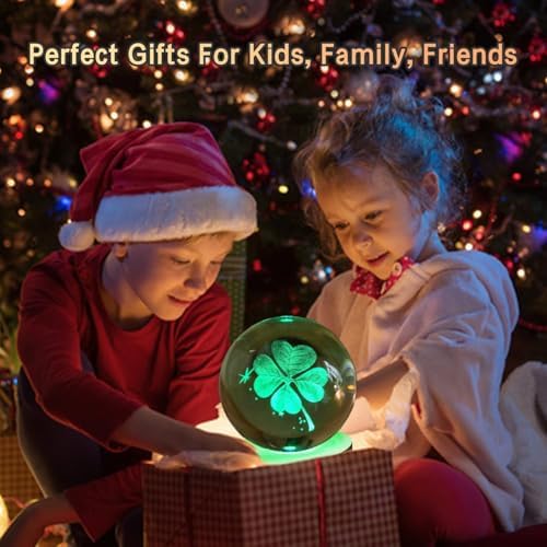 80mm Four Leaf Clover 3D Crystal Ball, Remote Control, LED Light Base, 16 Colors Change, Glass Sphere Lamp, Good Luck Gifts for Women Kids