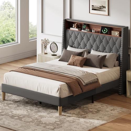 WLIVE Full Size Upholstered Bed Frame with 48'' Tall Wingback Headboard, Velvet Square Tufted Platform Beds with Charging Station, Sturdy Metal & Wooden Slats Support, Grey