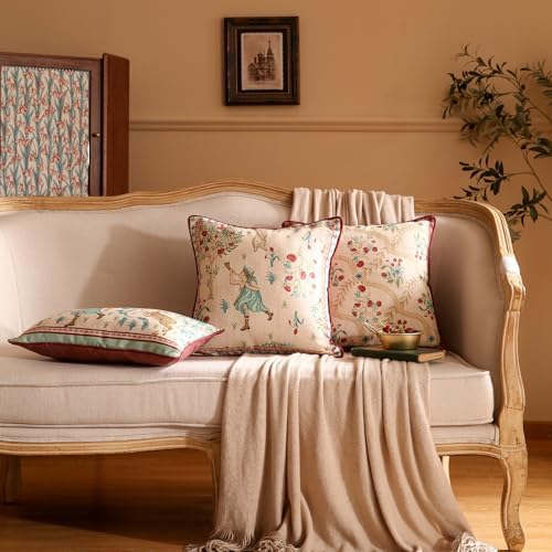 patdrea Designer Pack of 2 Square Throw Pillow Covers,Farmhouse Vintage Linen with Beige Ancient Idyll Pattern Pillows Cover,Decorative Pillowcases Cushion for Bed Living Room Outdoor Car,18"x18"