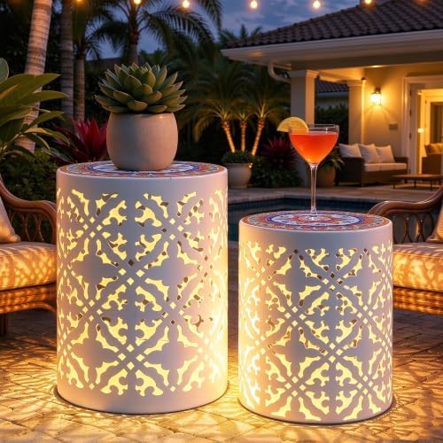 2-Pack Metal LED Side Table Outdoor, 3-Mode Lights, Modern Cut-Out