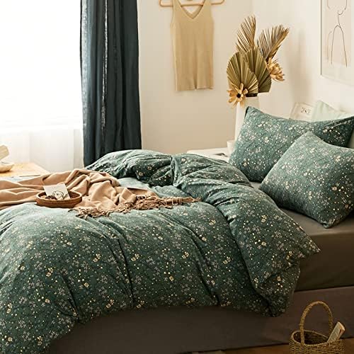 HighBuy Jersey Knit Cotton Duvet Cover Twin Green Floral Bedding Set 100% T-Shirt Comfy Bedding Sets Super Soft Garden Chic Knit Cotton Comforter Cover Twin Size