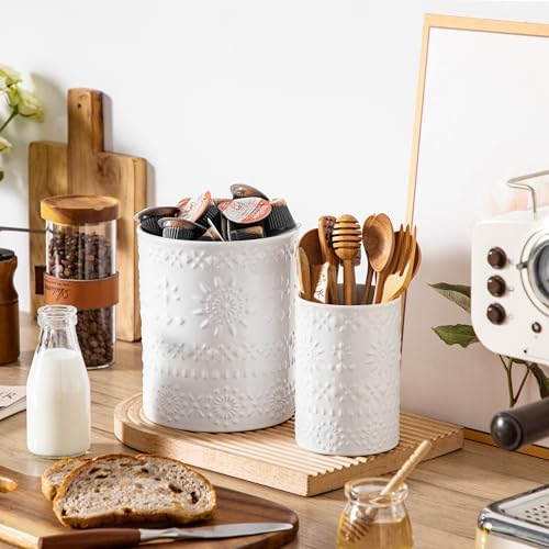 LOVECASA 7.2"+5.4" Ceramic Utensil Holder Set of 2, Farmhouse Crock