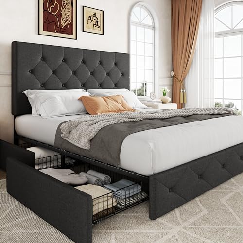 Allewie Full Size Storage Bed Frame with 4 Underbed Drawers, Upholstered Platform Bed with Adjustable Headboard, Diamond Button Tufted, Easy Assembly, Noise-Free, No Box Spring Needed, Dark Grey