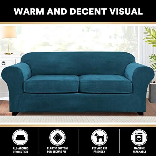 PrinceDeco Couch Cover Velvet Plush Sofa Covers for 2 Cushion Couch Width Up to 90 Inch Washable Furniture Protector Pet Friendly No Slip Sofa Slipcover(Medium-Large, Deep Teal)