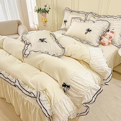 IHOUSTRIY Cream Duvet Cover Queen Size, Ruffle Beddding Set with Bowtie, 3 Pieces Comforter Cover Set with Zipper Closure, Girl Bedding with Pillowcase - Cream Yellow, Queen