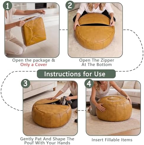 Thgonwid Unstuffed Moroccan Storage Pouf Foot Stool Ottoman Seat Handmade Faux Leather Bean Bag Floor Chair Foot Rest for Living Room, Bedroom or Balcony (Yellow)