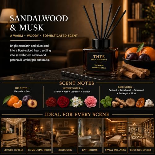Hotel Reed Diffuser Set, 6.7 fl oz, Sandalwood and Musk with Citrus, Plum, Saffron, Cedarwood and Patchouli, Long-Lasting Home Fragrance for Bedroom, Living Room and Office