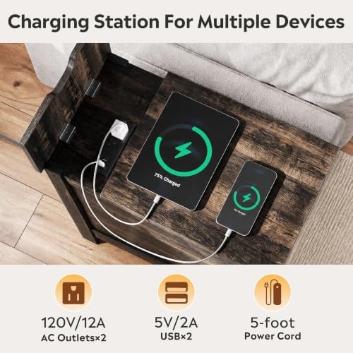WLIVE End Tables for Living Room & Bedroom w/ Charging, Narrow Nightstand