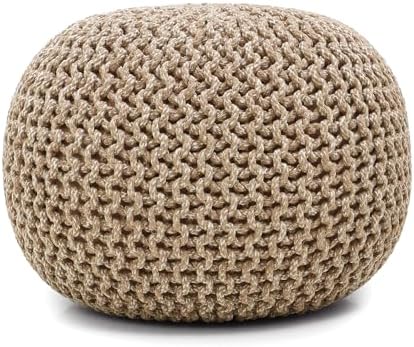 · REDEARTH · Round Pouf Ottoman - Hand Knitted Boho Poof - Beige Ivory