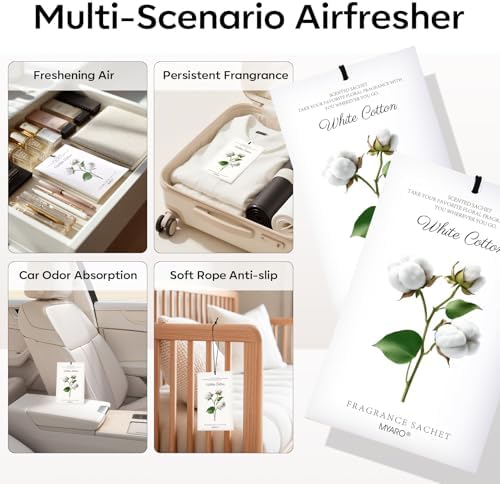 MYARO 12 Pack White Cotton Scented Sachets, Closet Deodorizer Car Freshener