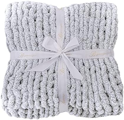 Bigacogo Chunky Knit Throw Blanket for Couch, 40x40 inches, Light Grey