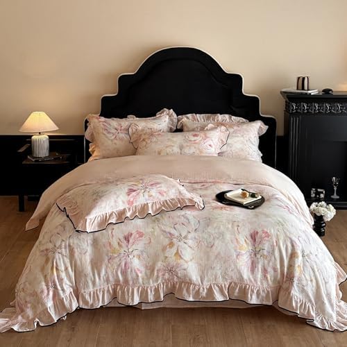 AOJIM Floral Print Duvet Cover Queen, 3-Piece Cotton Crinkle Double-Layer Gauze Vintage Ruffled Bedding Set with Allover Floral Print & Lace Edging - Soft Comforter Cover with Zipper & 2 Pillowcases