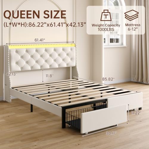 Queen Bed Frame with 2 Storage Drawers & Wingback Headboard, Beige