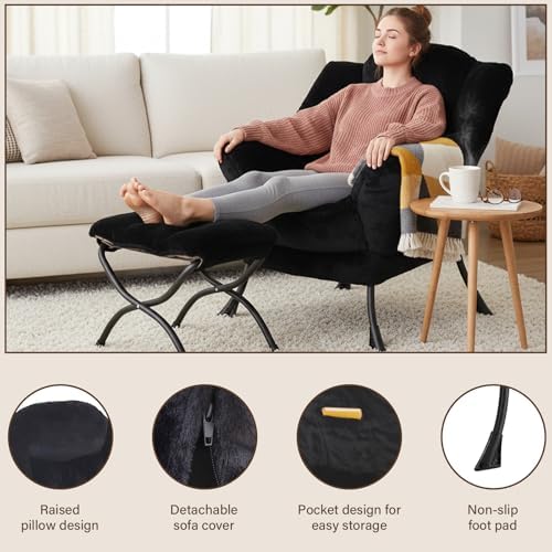 Welnow Lazy Chair with Ottoman, Reading Chair with Footrest, Jet Black
