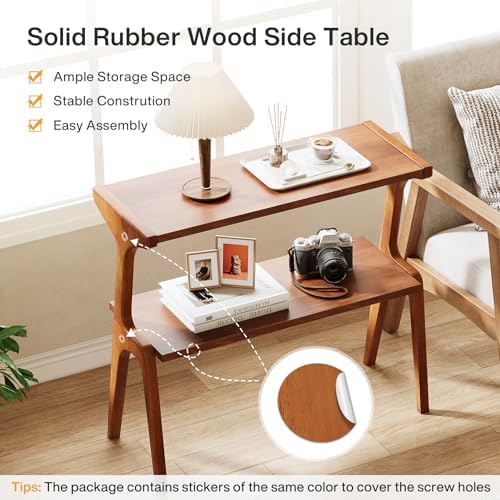 Tribesigns Set of 2 Solid Wood End Table, 2-Tier Mid-Century Modern Side Table with Storage Shelf, Tall Slim Side Table for Couch with Unique Legs, Long Bedside Table for Bedroom, Living Room, Cherry