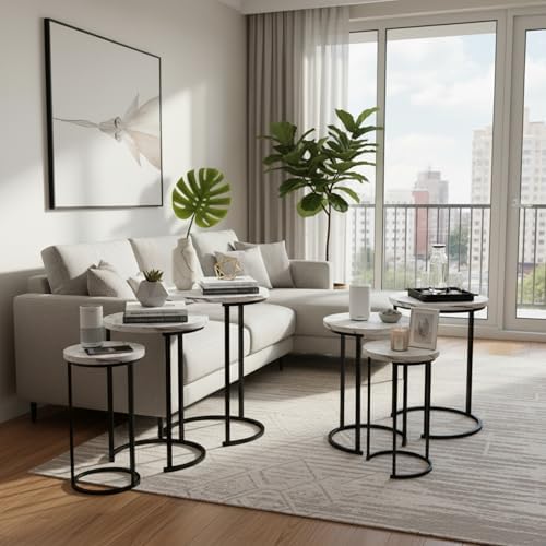 Lavish Home Round Nesting Tables Set of 6, Faux Marble Tabletop, White