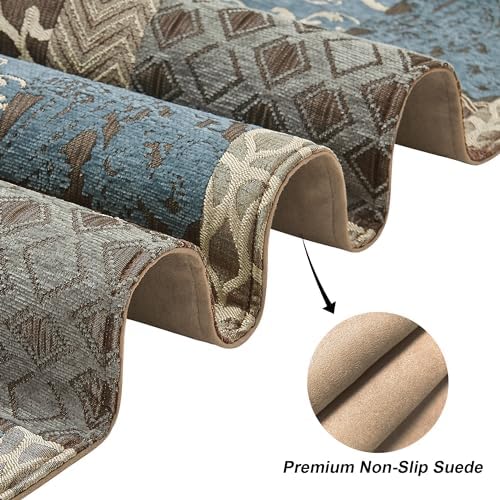 Loom and Mill Luxury Damask Patchwork Table Runner 90 Inches Long, Blue