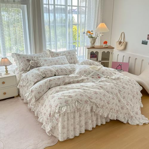 Pink Floral Muslin Duvet Cover Set 3 Pcs,68"×86" Twin Bedding