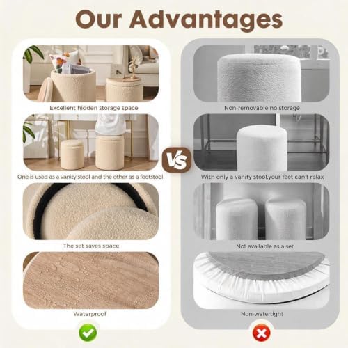 YYW HOME Round Storage Ottoman for Living Room, Beige Ottoman Set of 2