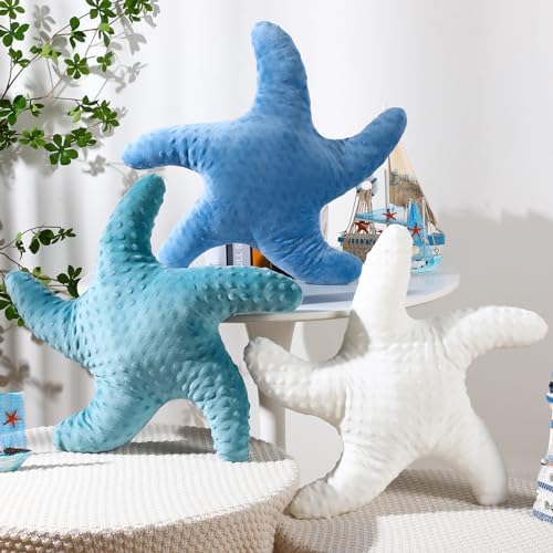 Fumete Starfish Pillow Beach Starfish Shaped Throw Pillows 20'' Stuffed Animal Cute Plush Coastal Decor Ocean Star Pillow Plush Cushion for Bedroom Living Room Sofa Couch(White Green Blue,3 Pcs)
