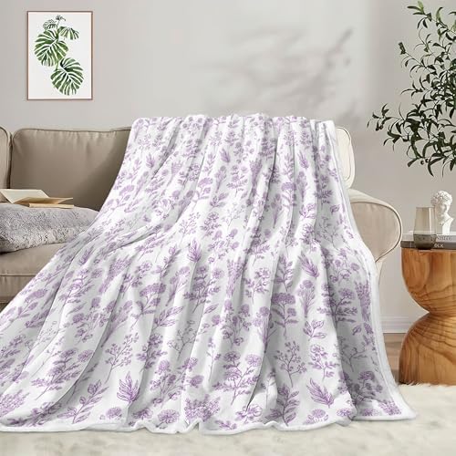 Floral Fuzzy Blanket Purple Floral Throw Blanket, Botanical Flowers Blankets, Soft, Flannel, Warm, Boho Flowers Bed Blankets All Season for Couch Bedroom Living Room 50X70 Inch
