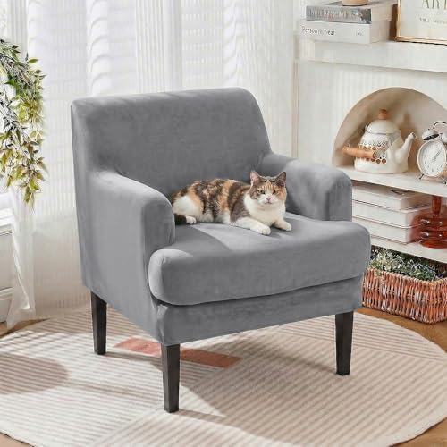 Mid-Century Accent Chair Covers with Cushion Cover Velvet 2 Pieces Upholstered Armchair Slipcovers for Living Room Comfy Sofa Reading Furniture Protector for Apartment Bedroom Office (Gray)
