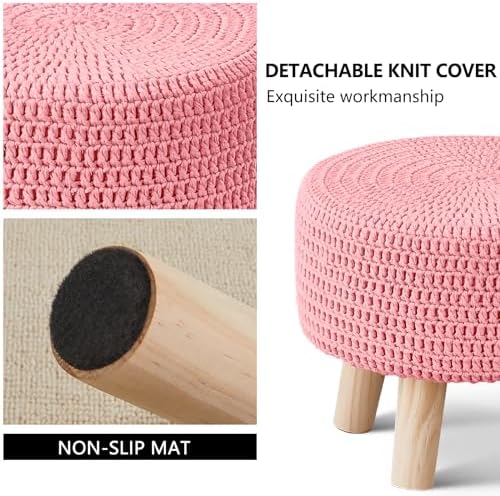 13" Round Handmade Cotton Knitted Boho Small Ottoman with Non-Skid Wood Leg