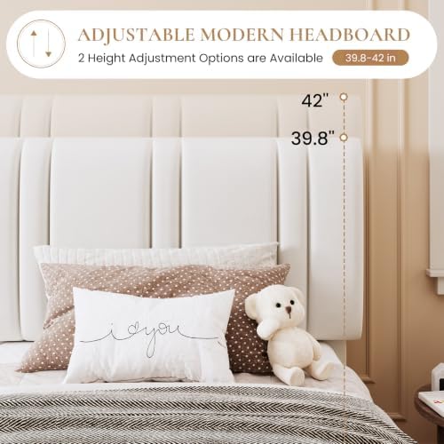 SHA CERLIN Twin Size Velvet Bed Frame with Adjustable Headboard, White