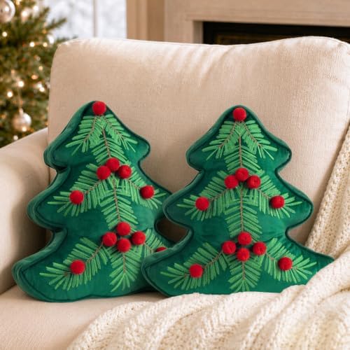 AELS Christmas Tree Pillow with Red Pom-pom, Embroidered Decorative Holiday Pillow, Set of 2, Holiday Throw Pillows for Decor, Plush Tree Shaped Pillows for Living Room Bedroom Sofa, Green